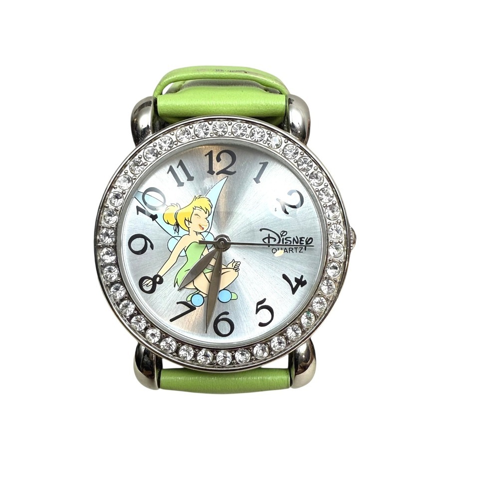 Vintage Disney Tinkerbell Watch Crystal Rhinestone Bezel Green Leather Band 9 in